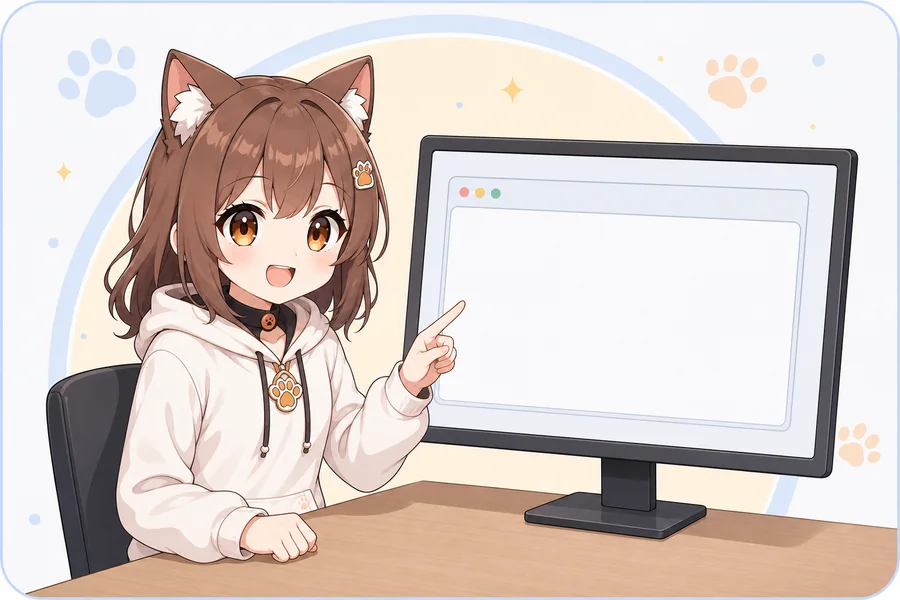 モニターを指してOBS設定を案内するAssistCat